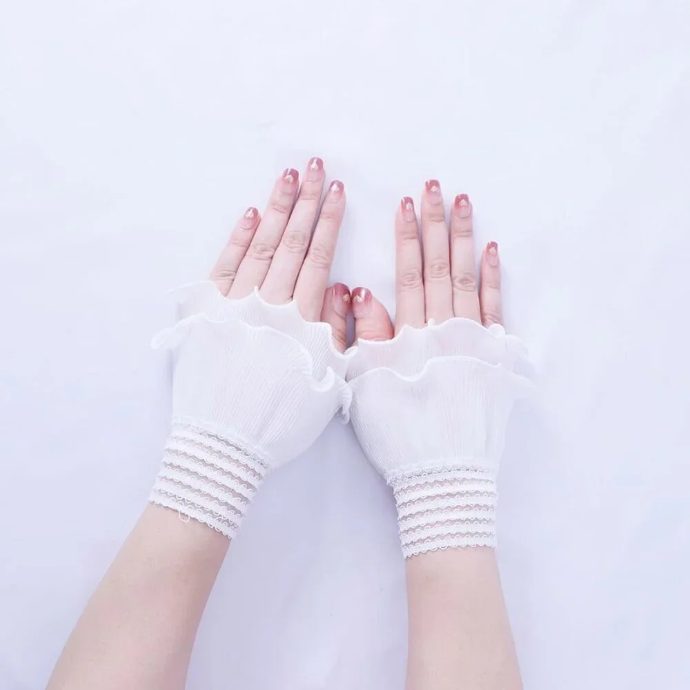 Women's Flared Sleeves White Elastic Bracelet Wrist Cuffs Gloves Wedding Party